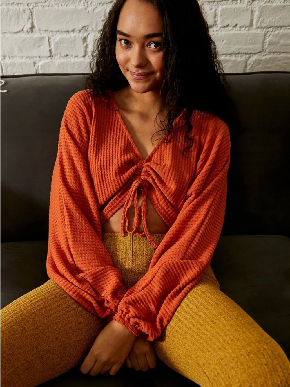 Urban Outfitters Out From Under Cropped Waffle Knit Drawstring Top Burnt‎ Orange